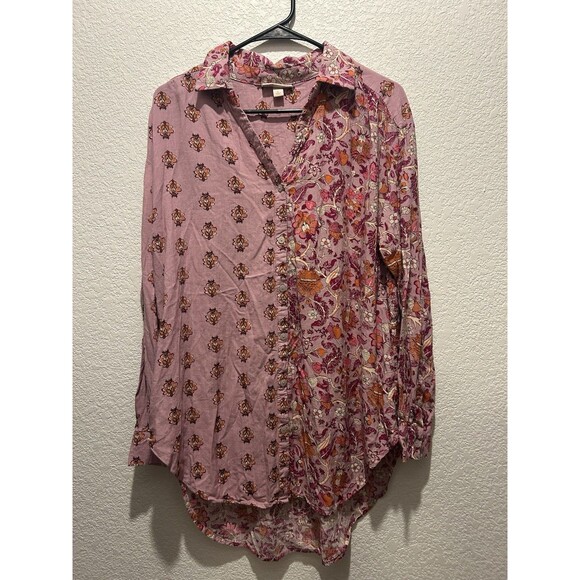 Knox Rose Top Women Large Pink Woodland Florals Button Up Linen Blend Asymmetric - Picture 1 of 7